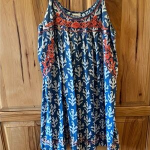 Blue and Cream Sleeveless Dress with Orange Accents